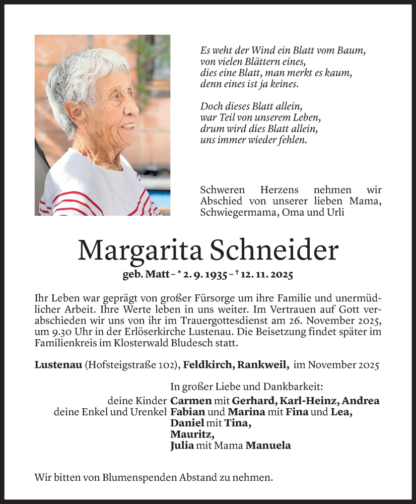 Todesanzeige für Margarita Schneider vom 20.11.2025 aus Vorarlberger Nachrichten