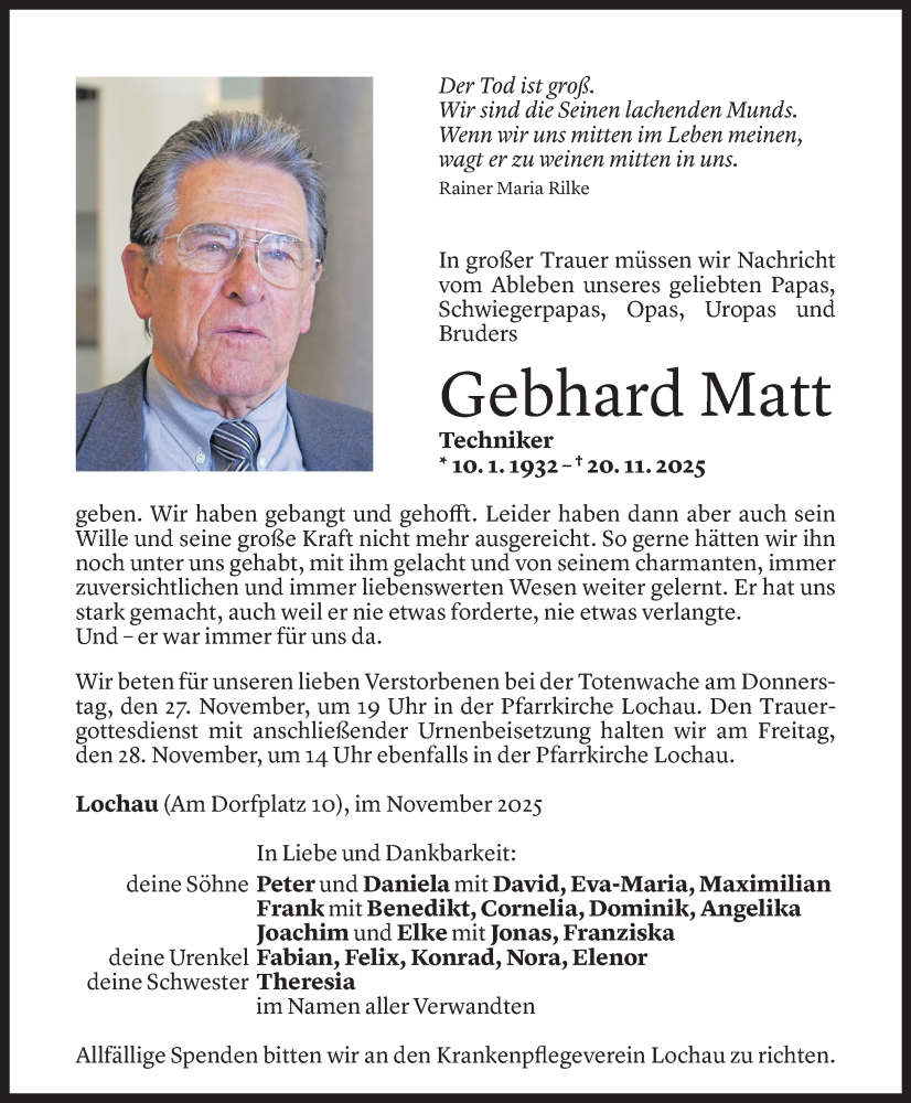  Todesanzeige für Gebhard Matt vom 21.11.2025 aus Vorarlberger Nachrichten