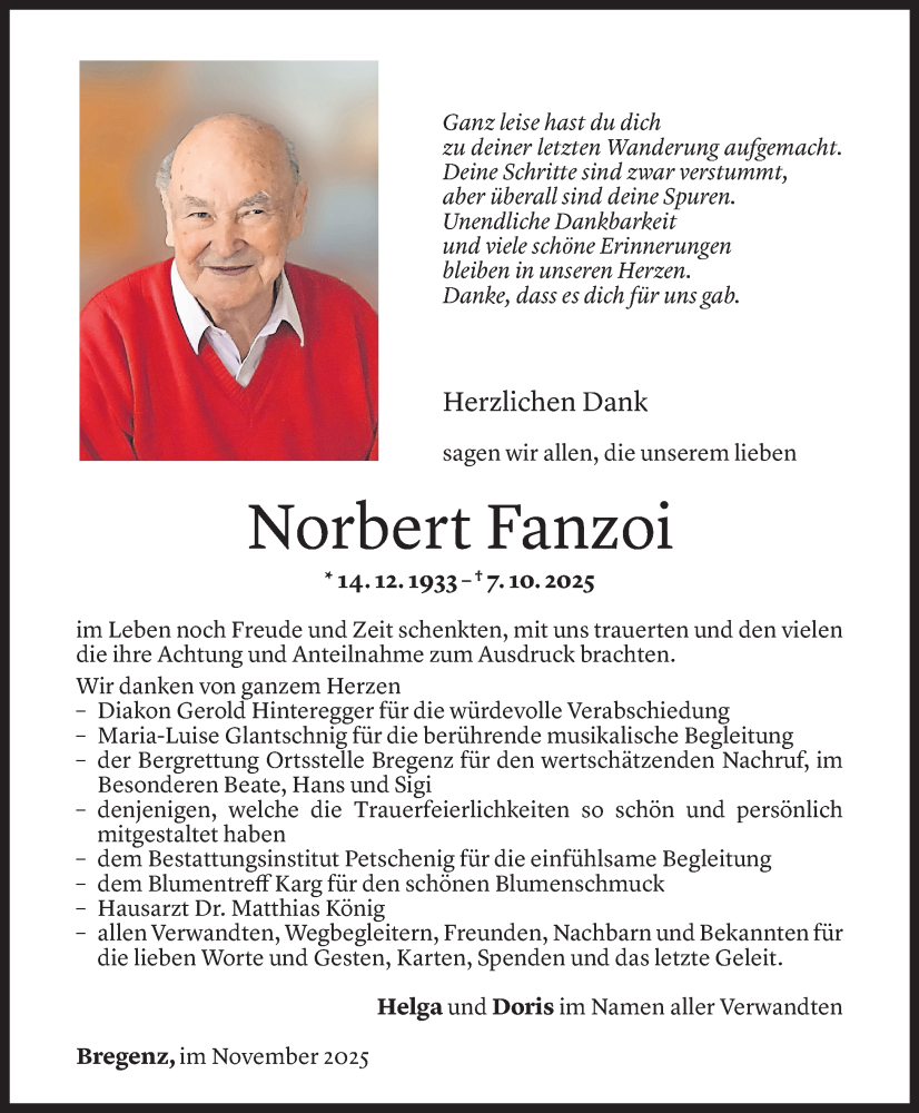  Todesanzeige für Norbert Fanzoi vom 14.11.2025 aus vorarlberger nachrichten