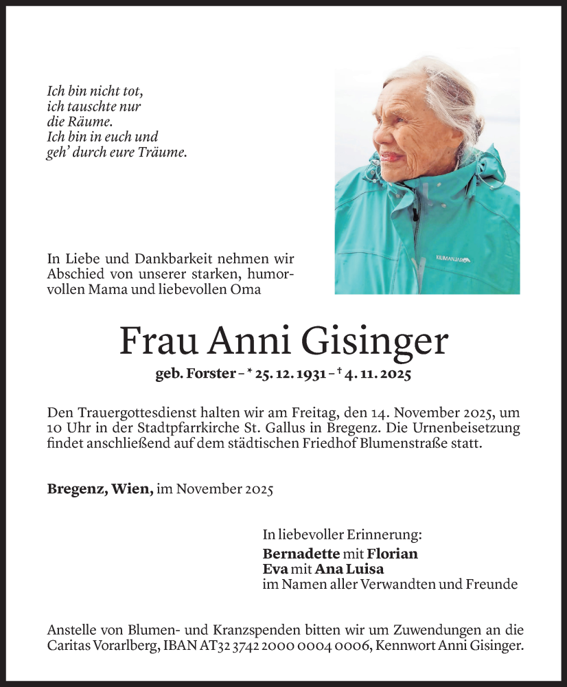  Todesanzeige für Anni Gisinger vom 07.11.2025 aus Vorarlberger Nachrichten
