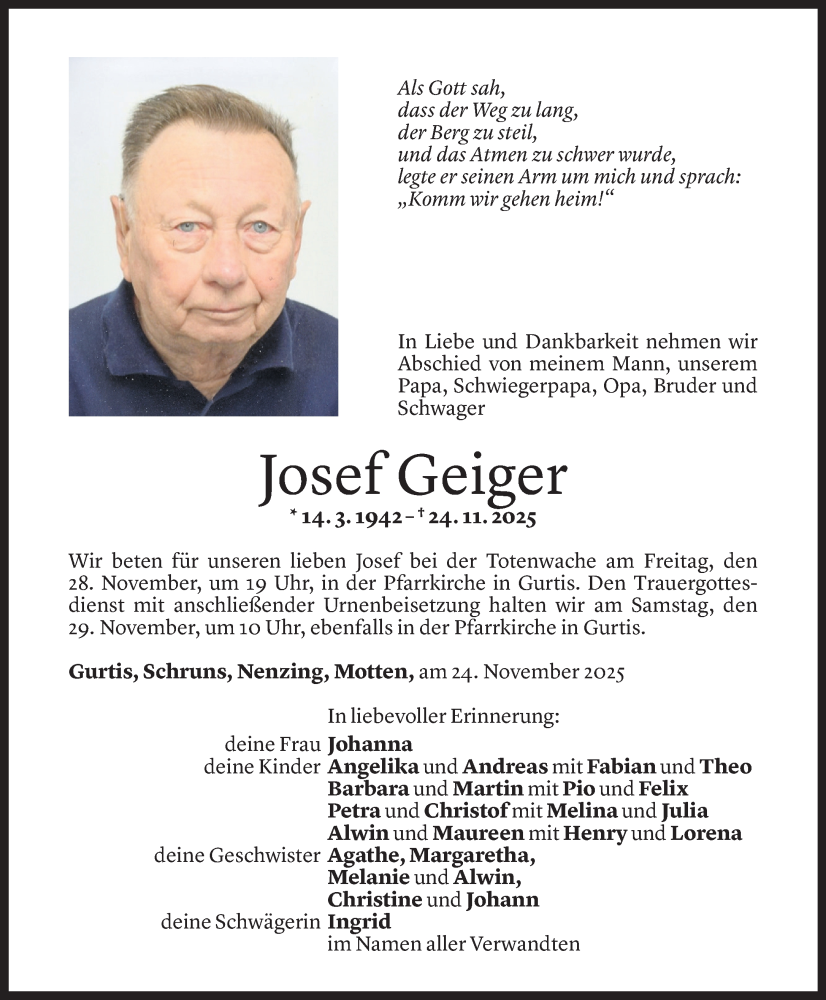  Todesanzeige für Josef Geiger vom 25.11.2025 aus vorarlberger nachrichten