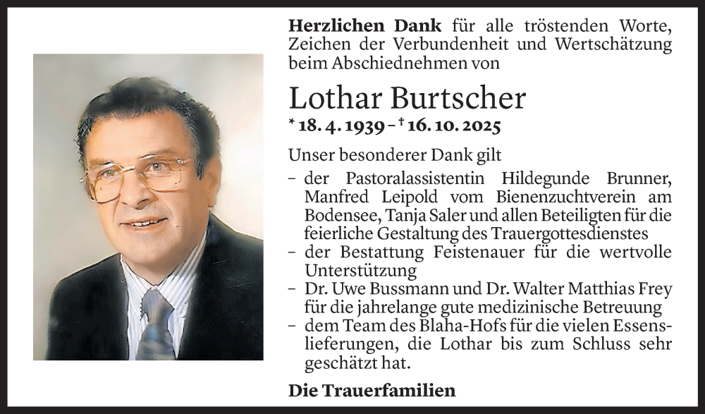  Todesanzeige für Lothar Burtscher vom 19.11.2025 aus Vorarlberger Nachrichten