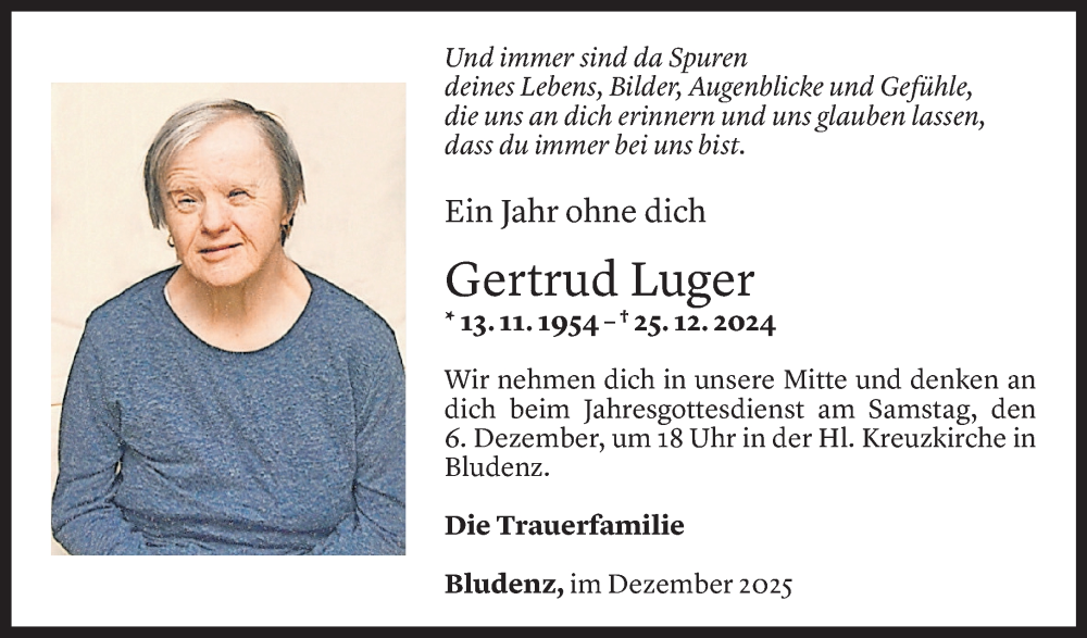  Todesanzeige für Gertrud Luger vom 03.12.2025 aus vorarlberger nachrichten