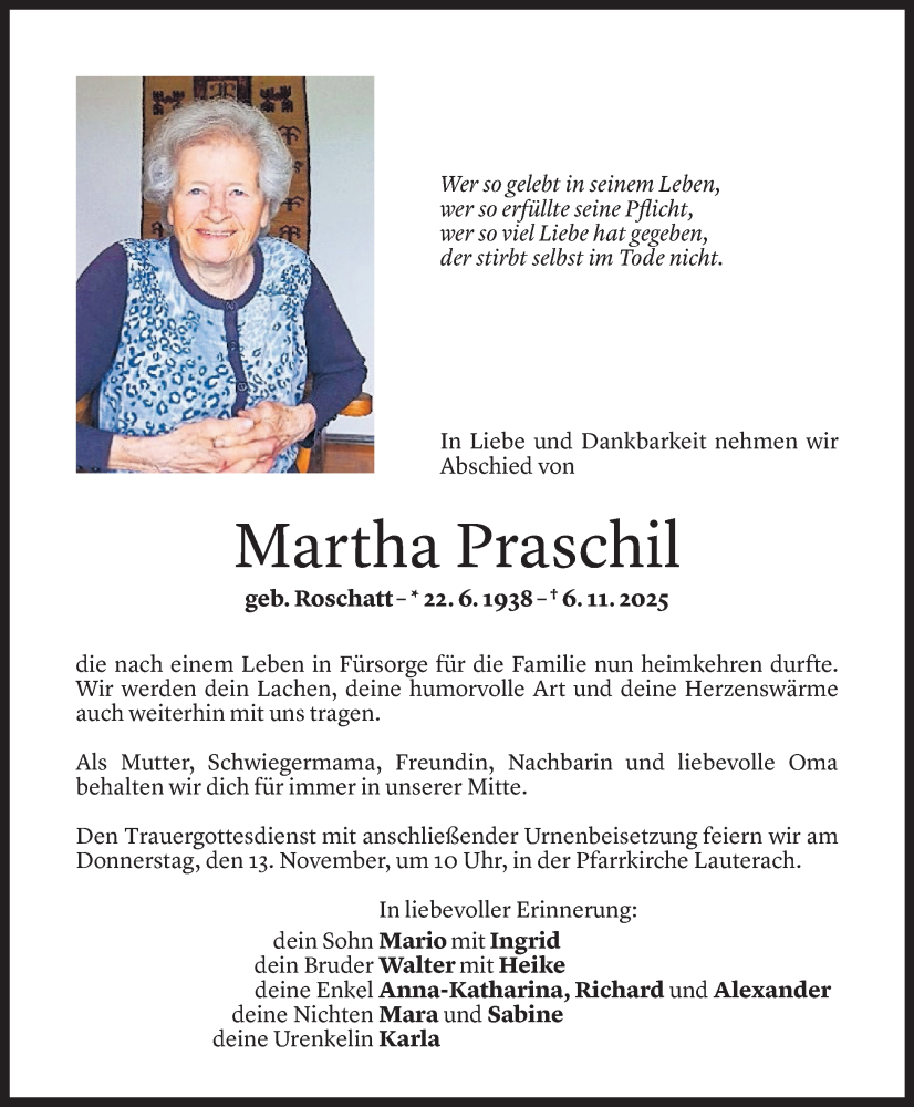  Todesanzeige für Martha Praschil vom 10.11.2025 aus vorarlberger nachrichten