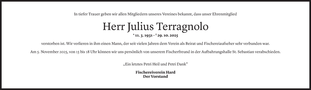  Todesanzeige für Julius Terragnolo vom 03.11.2025 aus Vorarlberger Nachrichten