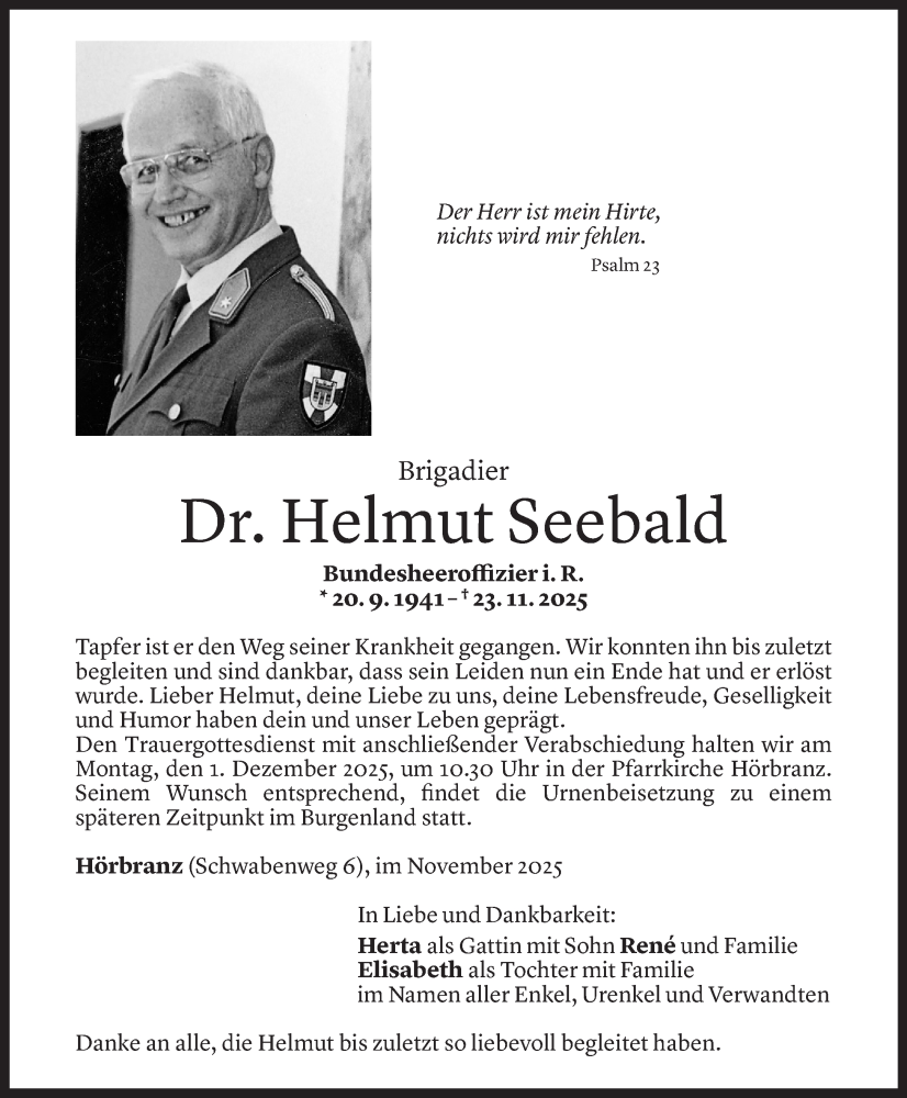  Todesanzeige für Helmut Seebald vom 25.11.2025 aus vorarlberger nachrichten