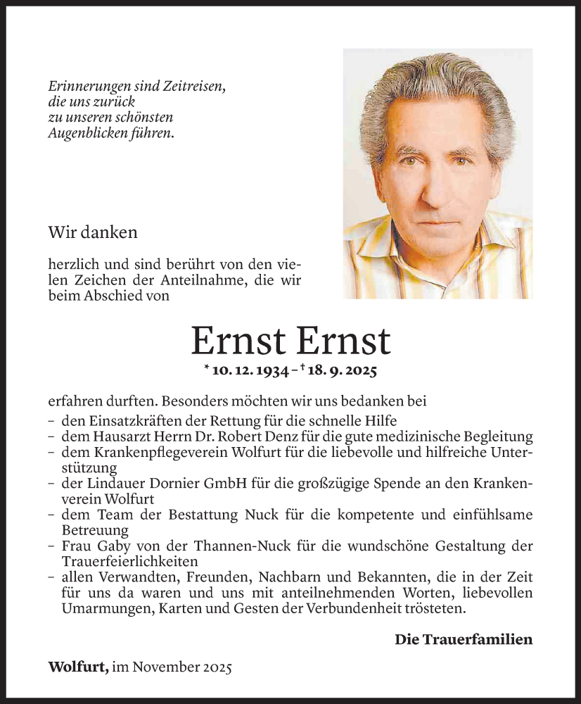  Todesanzeige für Ernst Ernst vom 21.11.2025 aus Vorarlberger Nachrichten