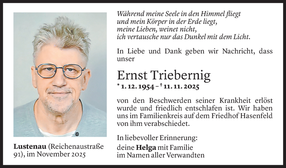  Todesanzeige für Ernst Triebernig vom 19.11.2025 aus vorarlberger nachrichten