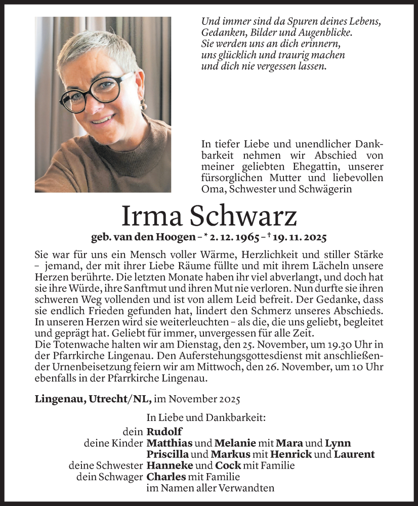 Todesanzeige für Irma Schwarz vom 23.11.2025 aus Vorarlberger Nachrichten