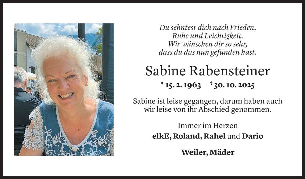 Todesanzeige für Sabine Rabensteiner vom 11.11.2025 aus Vorarlberger Nachrichten