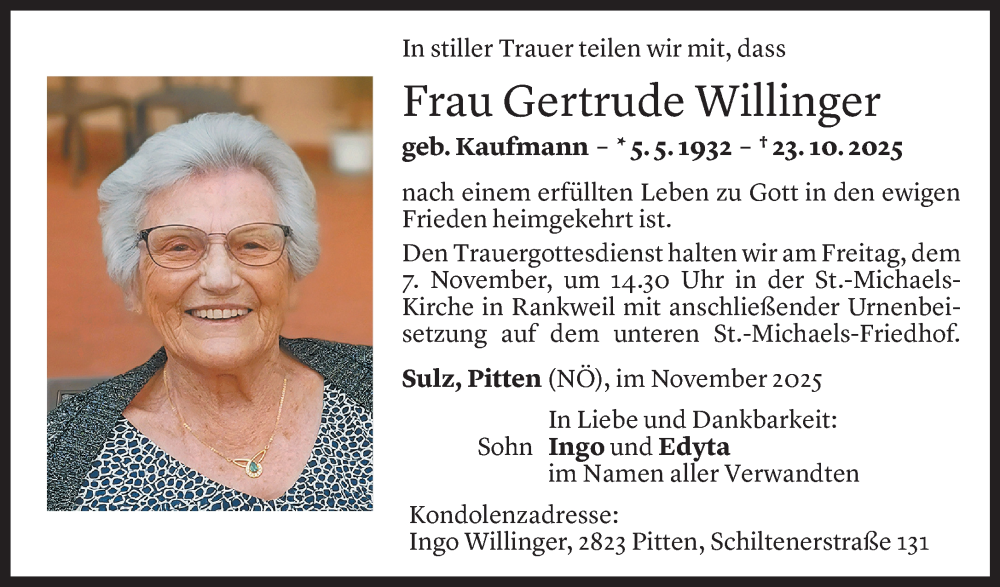  Todesanzeige für Gertrude Willinger vom 03.11.2025 aus Vorarlberger Nachrichten