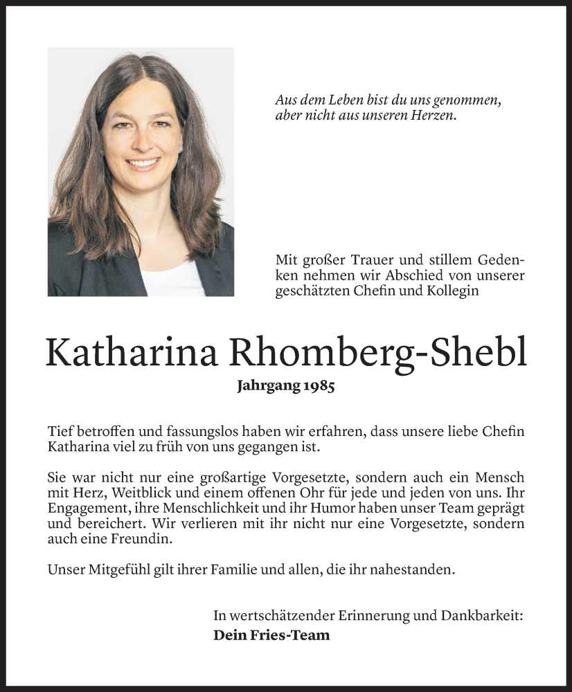  Todesanzeige für Katharina Rhomberg-Shebl vom 14.11.2025 aus Vorarlberger Nachrichten