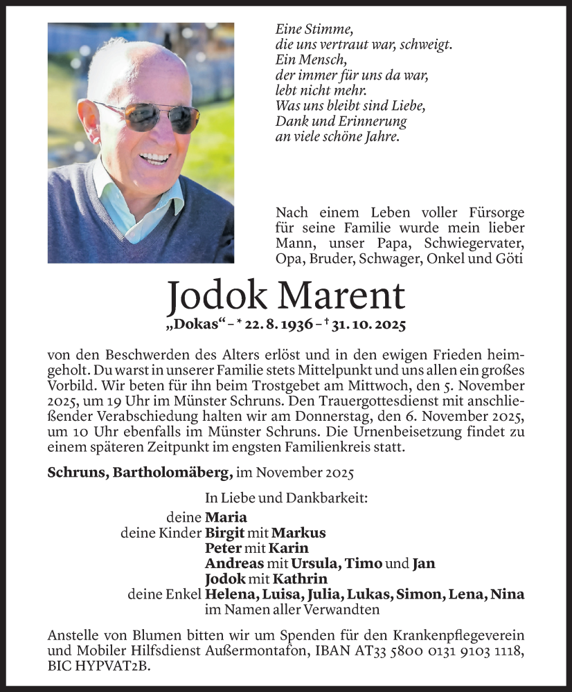  Todesanzeige für Jodok Marent vom 02.11.2025 aus Vorarlberger Nachrichten