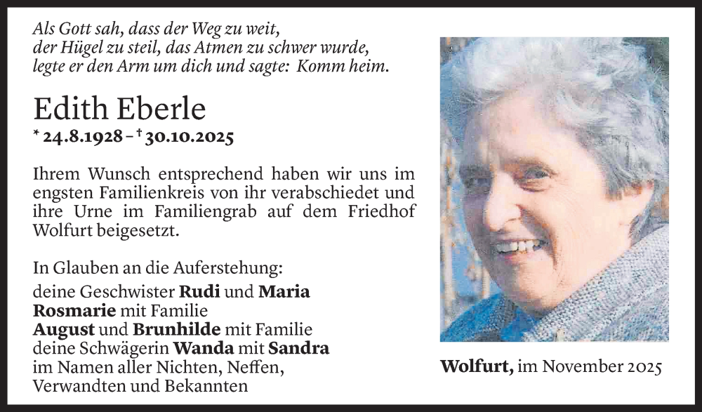  Todesanzeige für Edith Eberle vom 08.11.2025 aus Vorarlberger Nachrichten