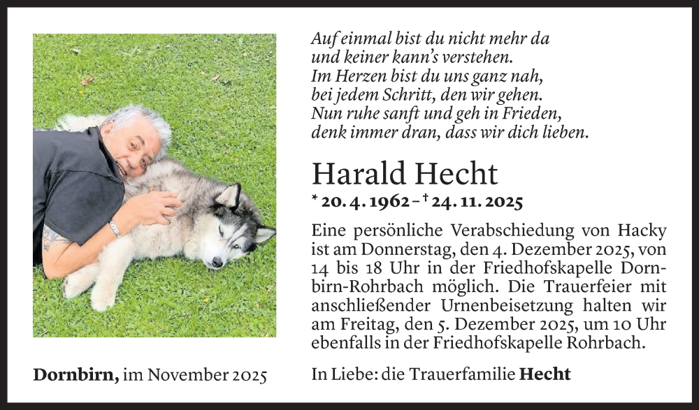 Todesanzeige für Harald Hecht vom 28.11.2025 aus Vorarlberger Nachrichten