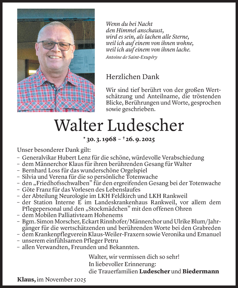  Todesanzeige für Walter Ludescher vom 28.11.2025 aus Vorarlberger Nachrichten