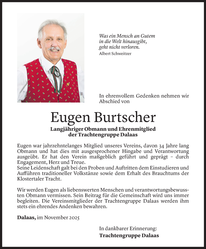  Todesanzeige für Eugen Burtscher vom 26.11.2025 aus vorarlberger nachrichten
