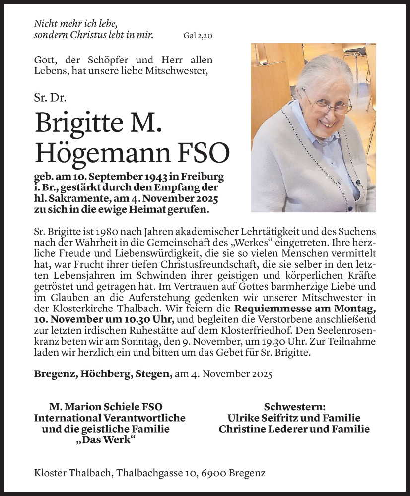  Todesanzeige für Brigitte Högemann vom 07.11.2025 aus vorarlberger nachrichten