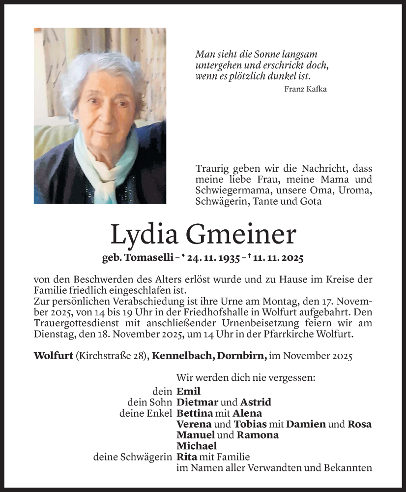  Todesanzeige für Lydia Gmeiner vom 14.11.2025 aus Vorarlberger Nachrichten