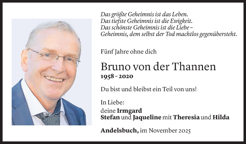  Todesanzeige für Bruno von der Thannen vom 13.11.2025 aus Vorarlberger Nachrichten
