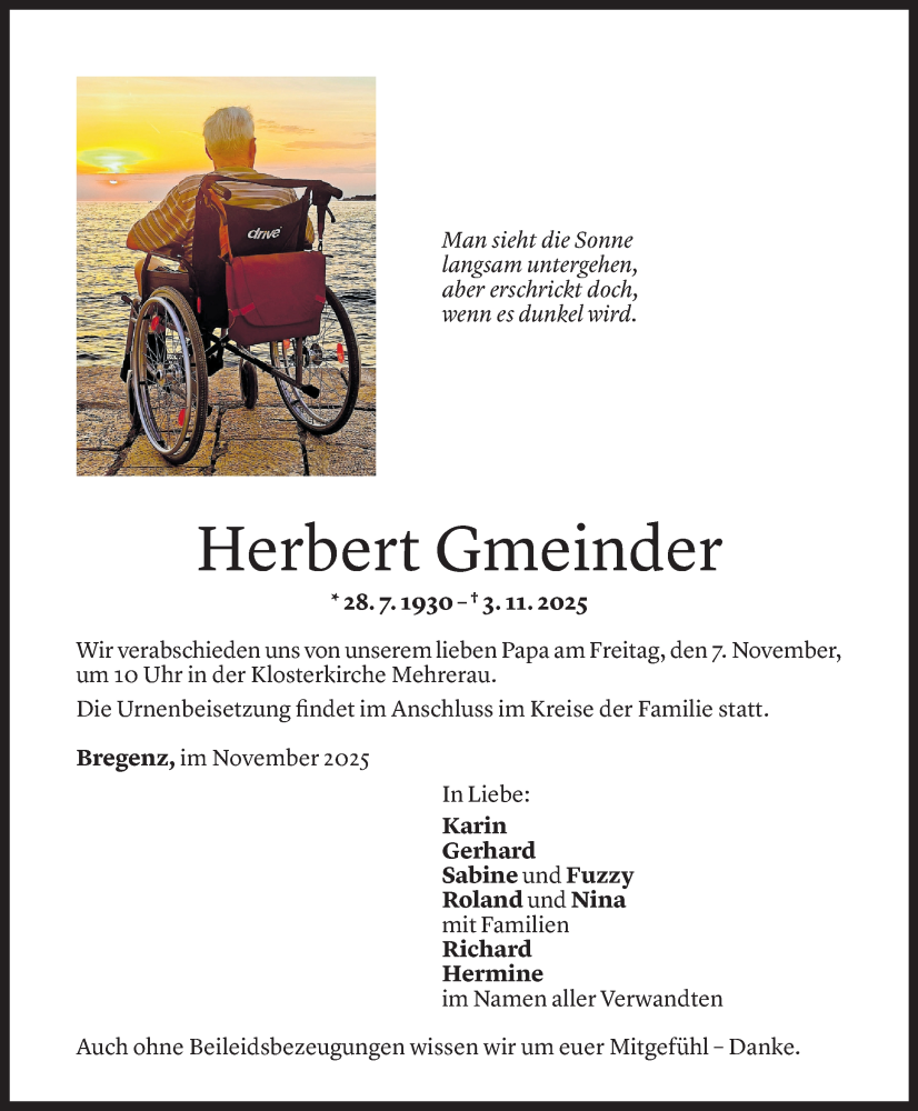  Todesanzeige für Herbert Gmeinder vom 04.11.2025 aus Vorarlberger Nachrichten