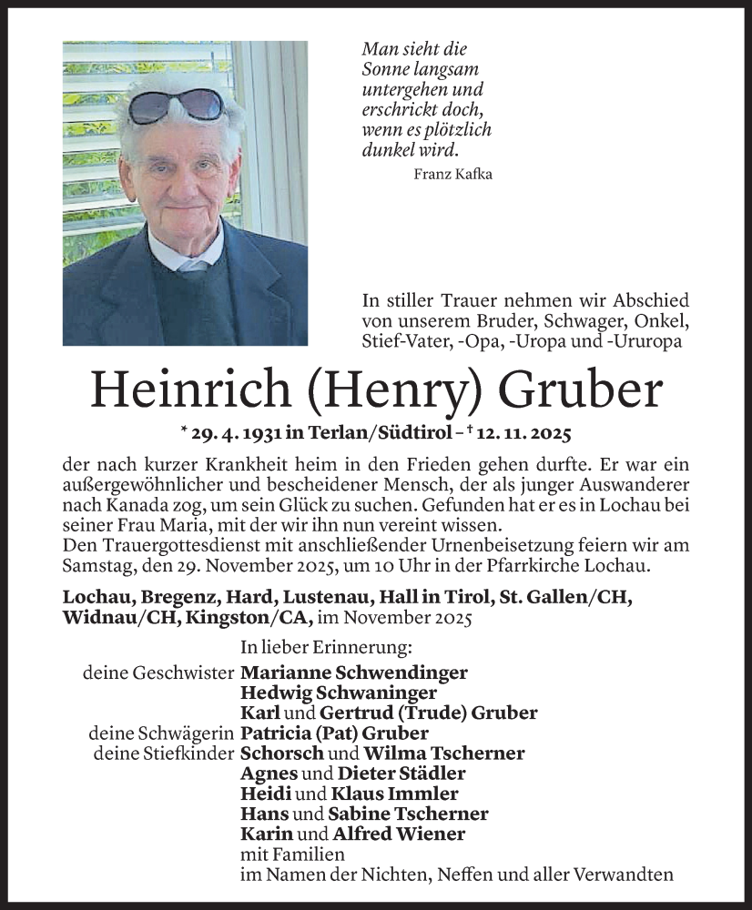  Todesanzeige für Heinrich Gruber vom 25.11.2025 aus vorarlberger nachrichten