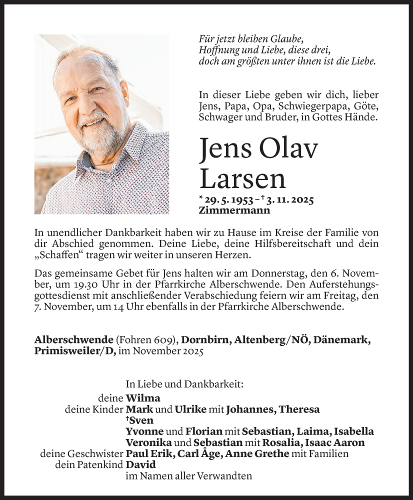  Todesanzeige für Jens Olav Larsen vom 04.11.2025 aus Vorarlberger Nachrichten