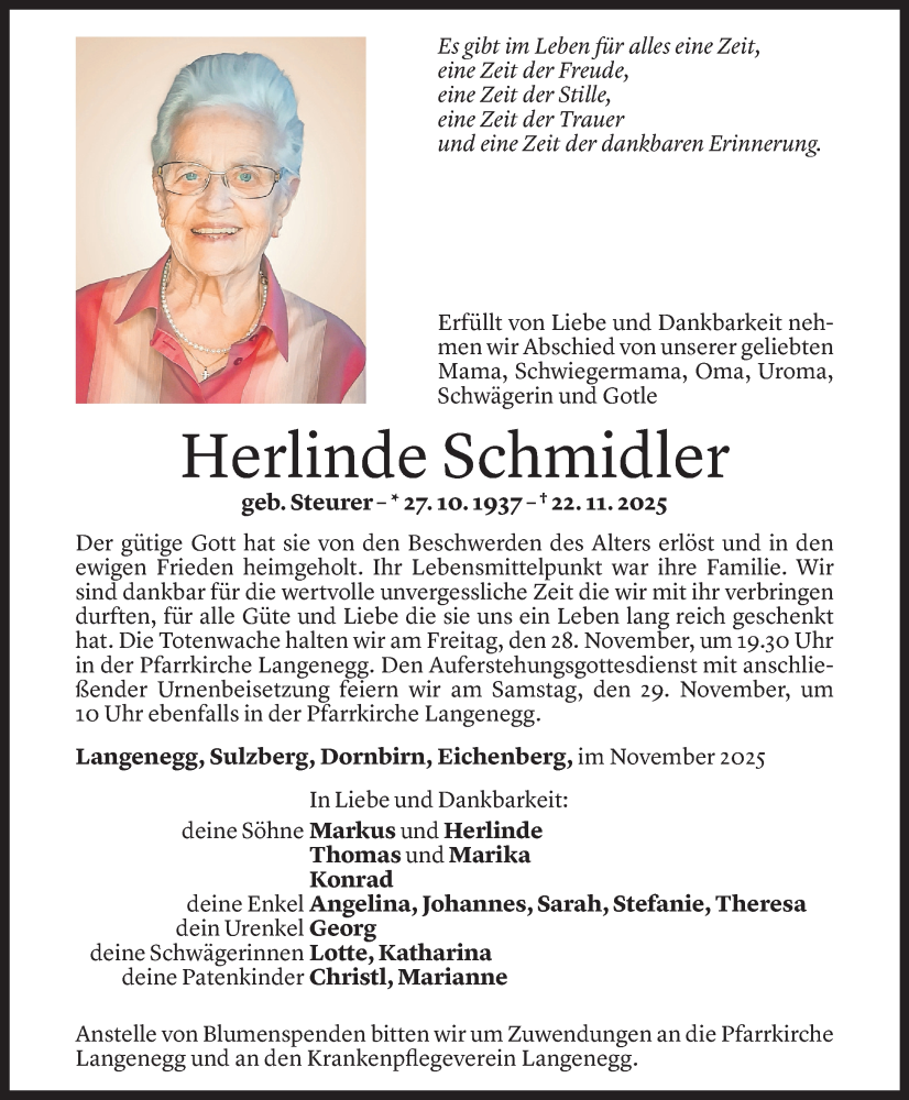  Todesanzeige für Herlinde Schmidler vom 25.11.2025 aus vorarlberger nachrichten