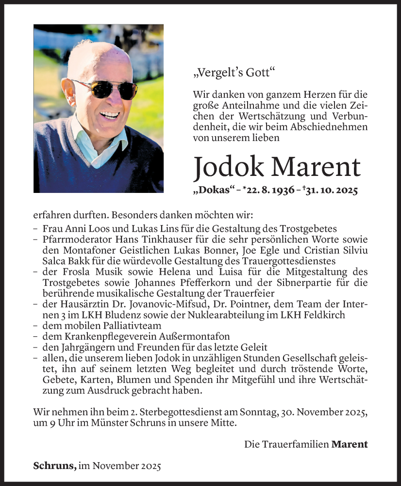  Todesanzeige für Jodok Marent vom 28.11.2025 aus Vorarlberger Nachrichten