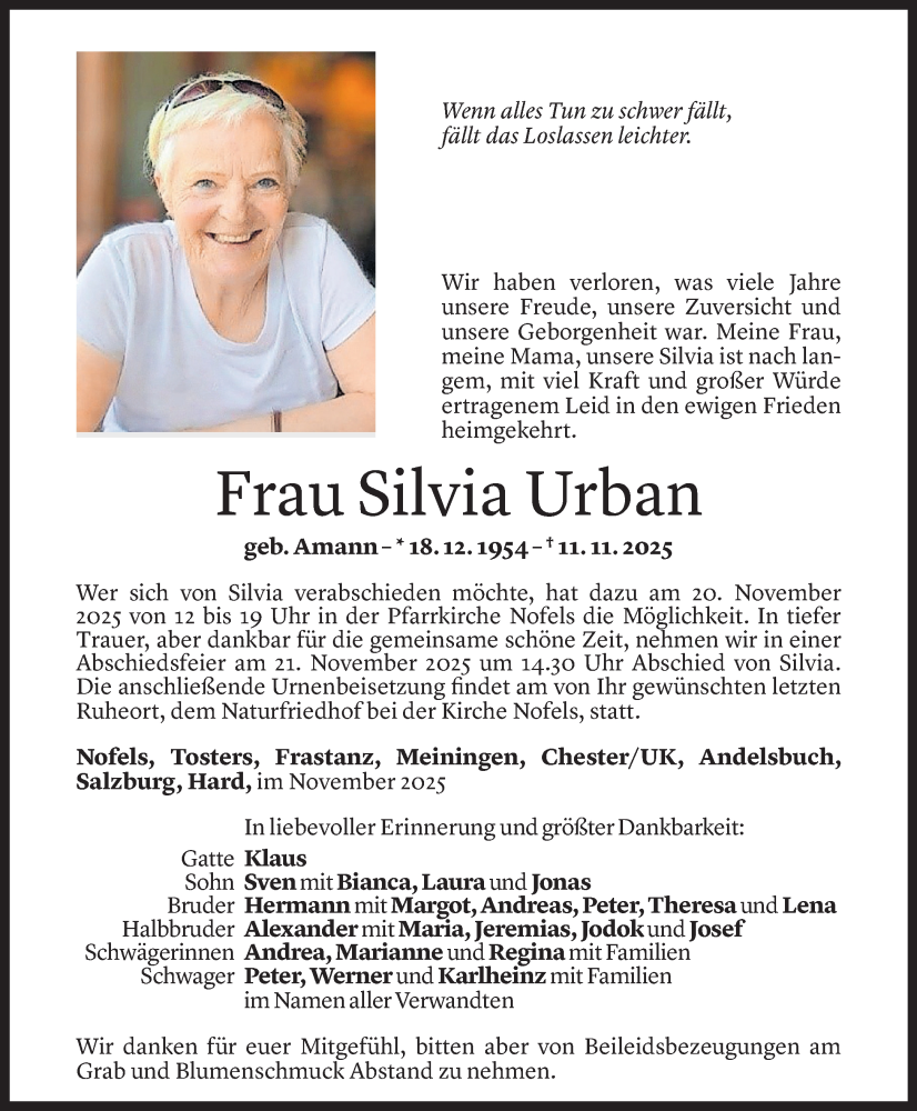  Todesanzeige für Silvia Urban vom 16.11.2025 aus vorarlberger nachrichten