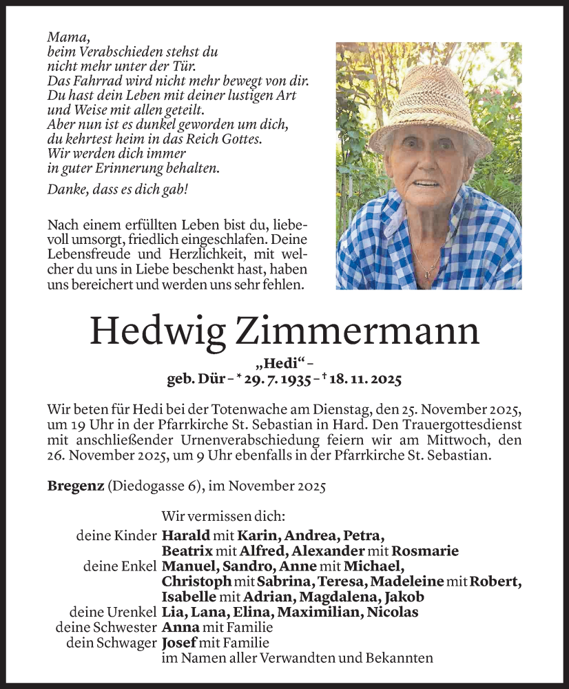  Todesanzeige für Hedwig Zimmermann vom 21.11.2025 aus Vorarlberger Nachrichten