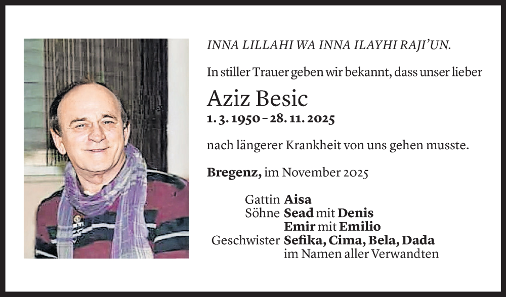  Todesanzeige für Aziz Besic vom 29.11.2025 aus Vorarlberger Nachrichten