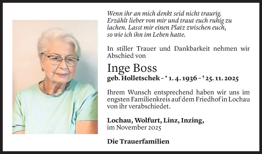  Todesanzeige für Inge Boss vom 06.12.2025 aus Vorarlberger Nachrichten