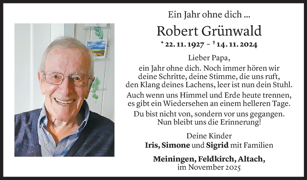  Todesanzeige für Robert Grünwald vom 13.11.2025 aus vorarlberger nachrichten