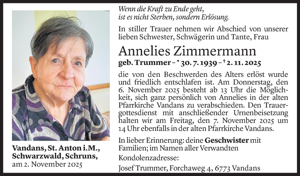  Todesanzeige für Annelies Zimmermann vom 04.11.2025 aus Vorarlberger Nachrichten