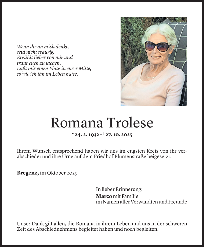  Todesanzeige für Romana Trolese vom 22.11.2025 aus Vorarlberger Nachrichten
