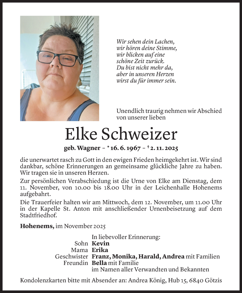  Todesanzeige für Elke Schweizer vom 05.11.2025 aus Vorarlberger Nachrichten