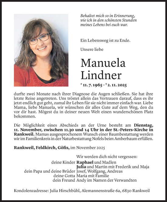 Todesanzeige von Manuela Lindner von vorarlberger nachrichten