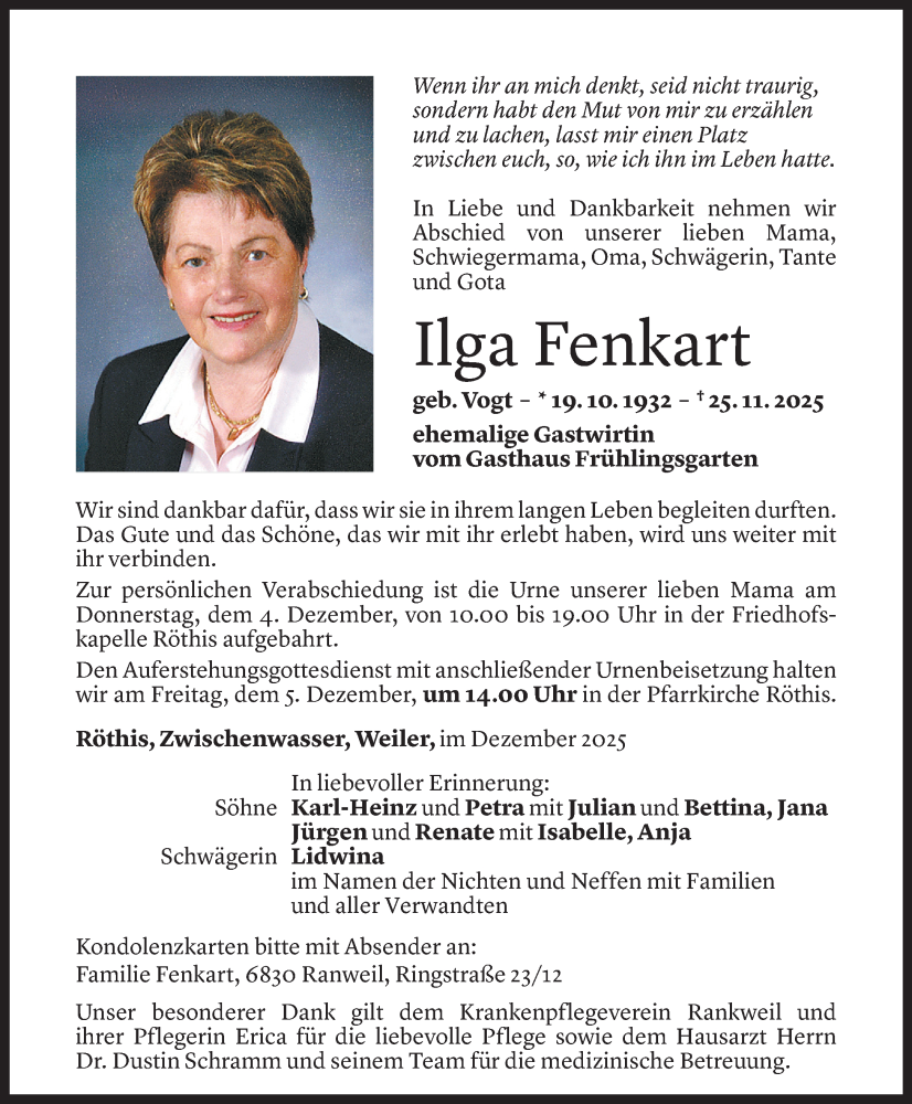  Todesanzeige für Ilga Fenkart vom 26.11.2025 aus Vorarlberger Nachrichten