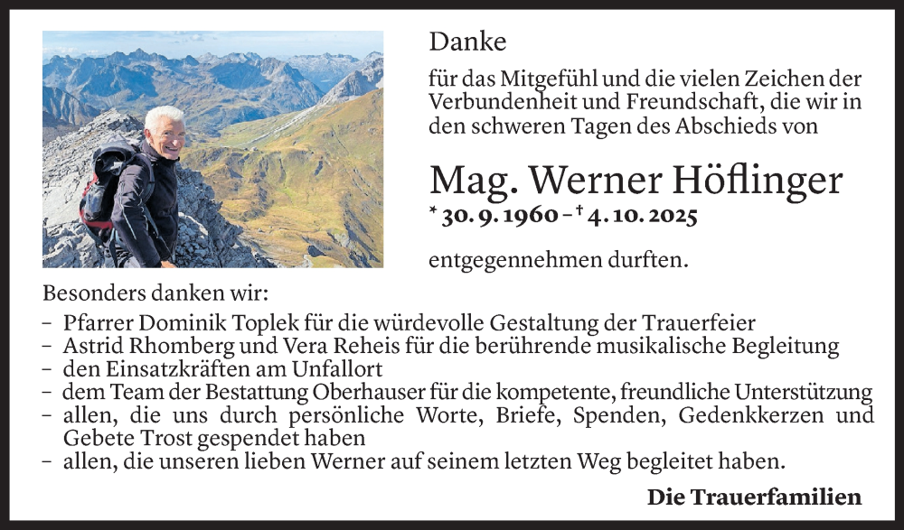  Todesanzeige für Werner Höflinger vom 21.11.2025 aus Vorarlberger Nachrichten
