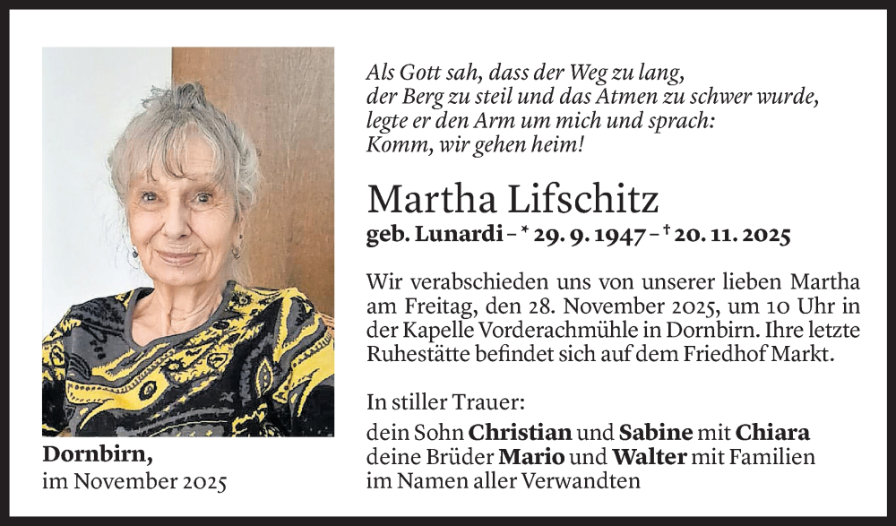  Todesanzeige für Martha Lifschitz vom 25.11.2025 aus vorarlberger nachrichten