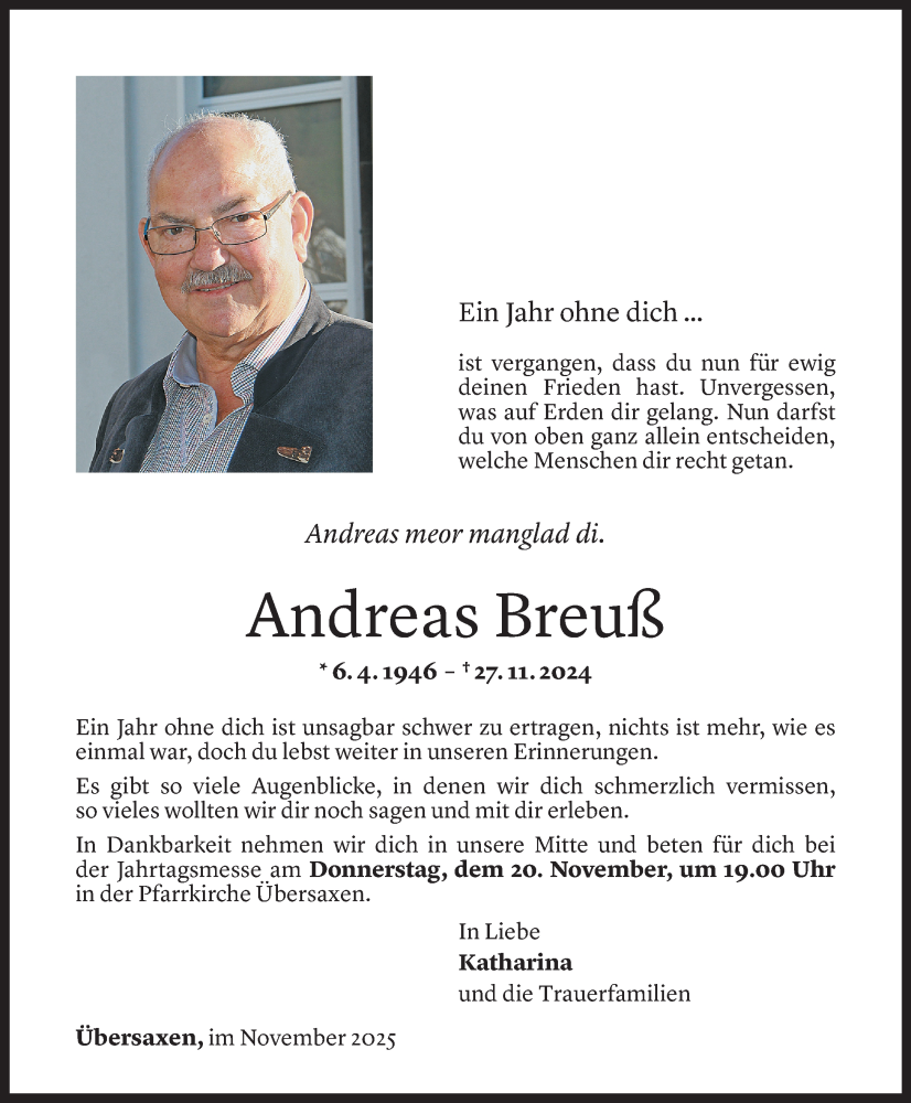  Todesanzeige für Andreas Breuß vom 17.11.2025 aus vorarlberger nachrichten