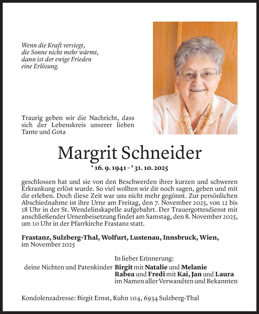  Todesanzeige für Margrit Schneider vom 05.11.2025 aus vorarlberger nachrichten