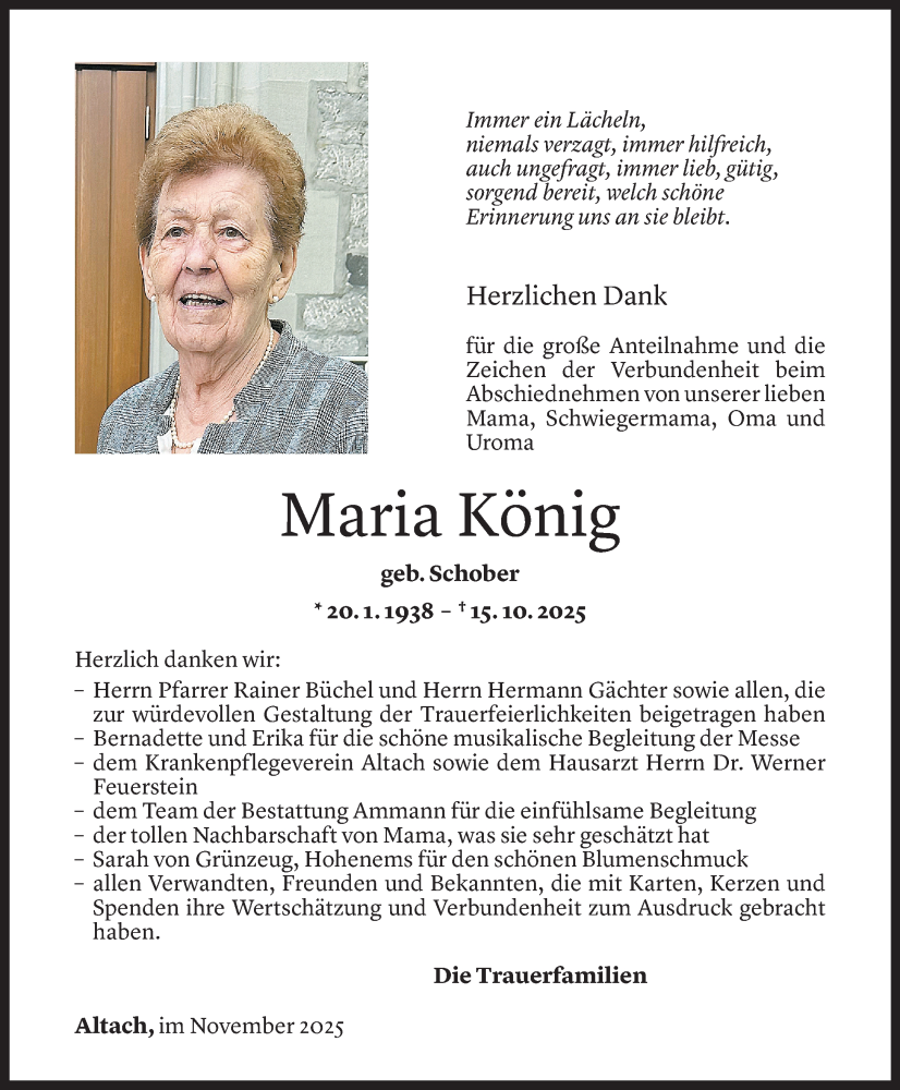  Todesanzeige für Maria König vom 07.11.2025 aus vorarlberger nachrichten