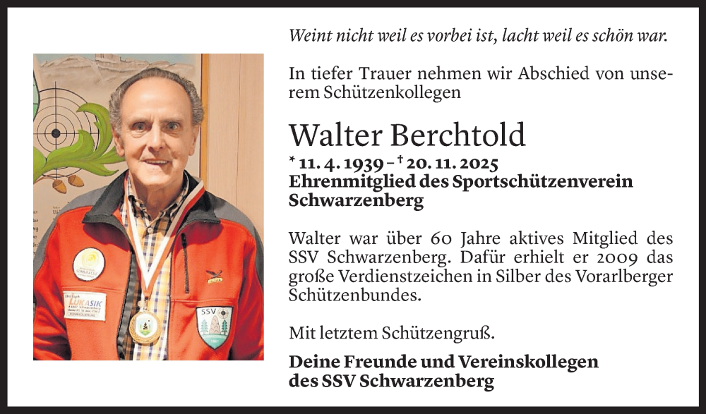  Todesanzeige für Walter Berchtold vom 24.11.2025 aus vorarlberger nachrichten