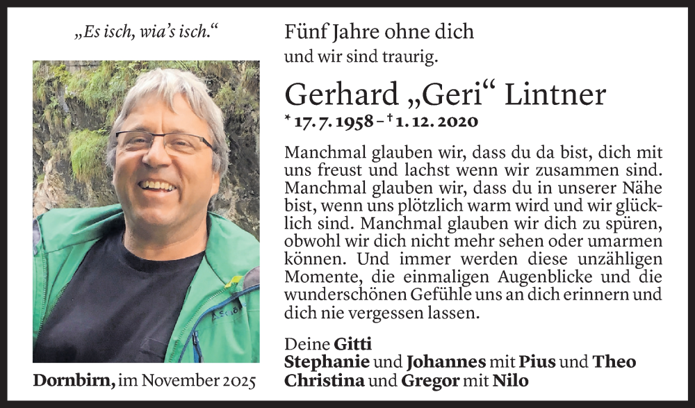  Todesanzeige für Gerhard Lintner vom 28.11.2025 aus Vorarlberger Nachrichten