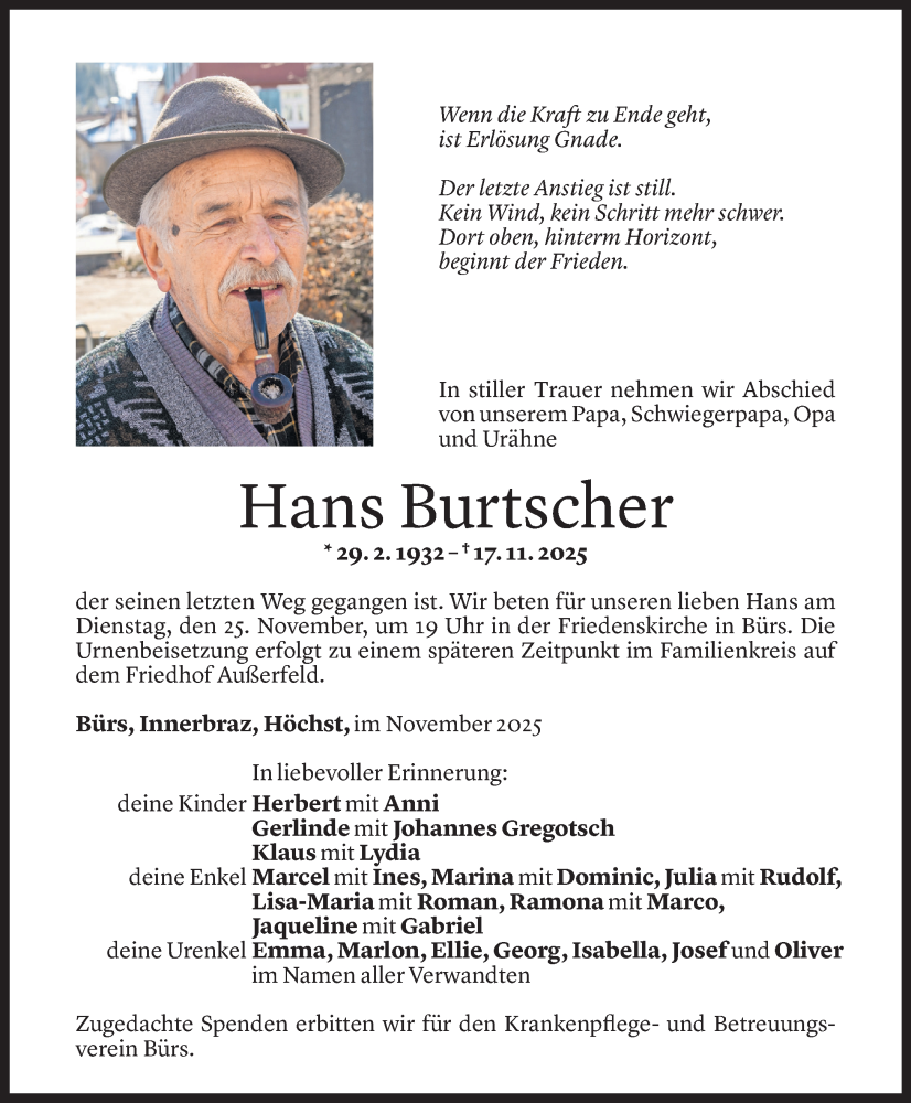 Todesanzeige für Hans Burtscher vom 21.11.2025 aus Vorarlberger Nachrichten