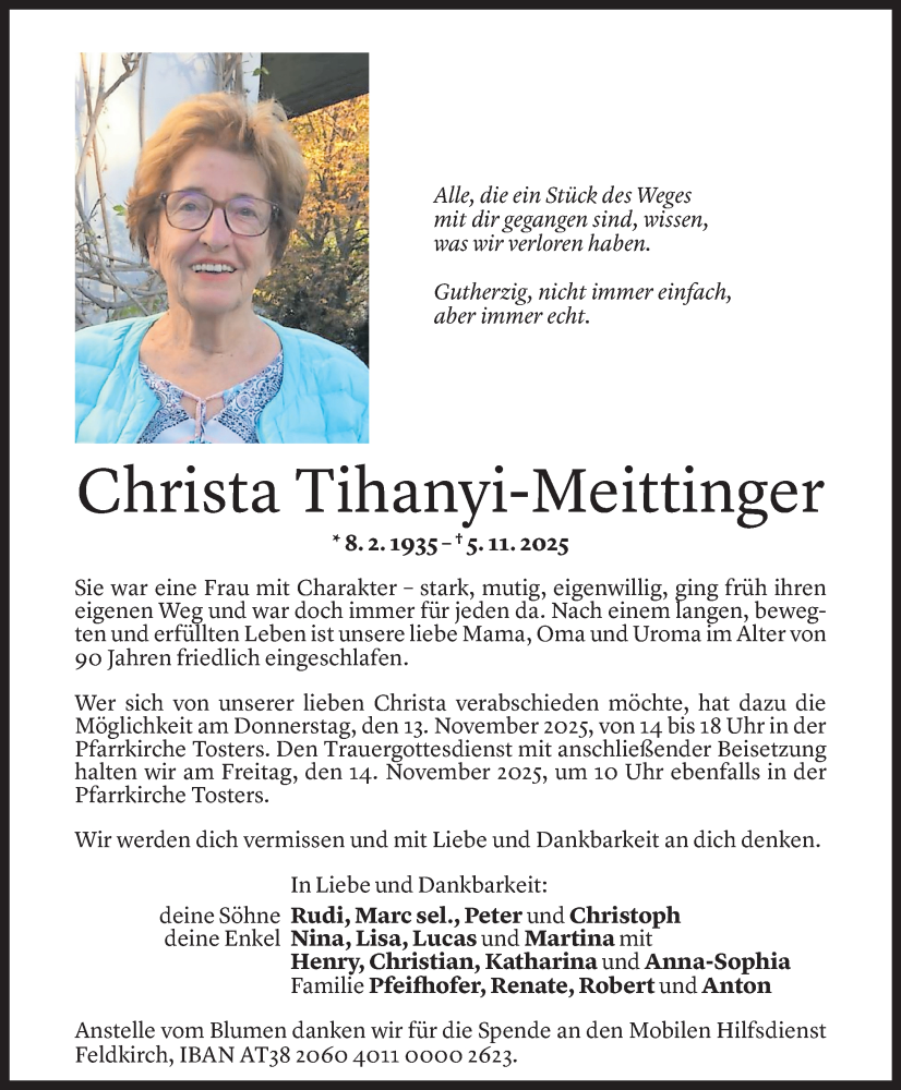  Todesanzeige für Christa Tihanyi-Meittinger vom 11.11.2025 aus vorarlberger nachrichten