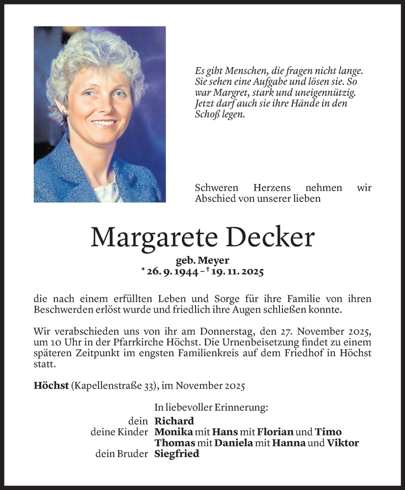  Todesanzeige für Margarete Decker vom 24.11.2025 aus vorarlberger nachrichten