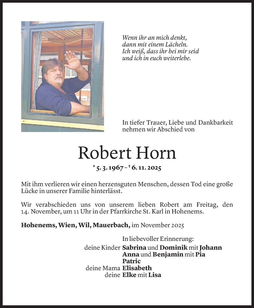  Todesanzeige für Robert Horn vom 10.11.2025 aus vorarlberger nachrichten